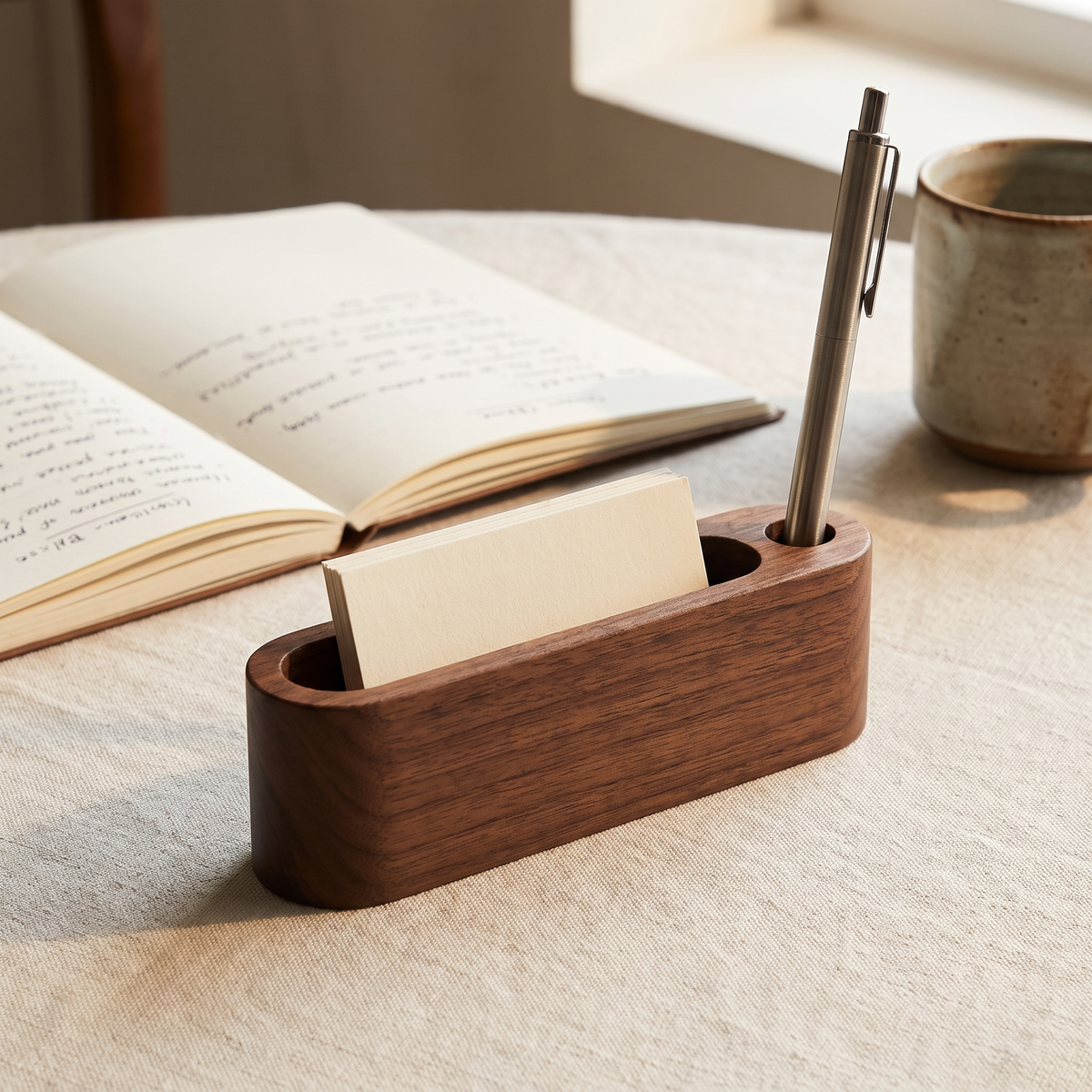 Wooden Card and Memo Holder Walnut Single Slot with Pen Holder