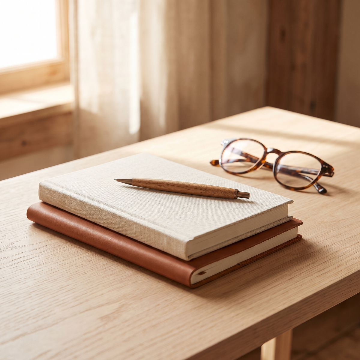 Notebooks and a wooden pen on a desk