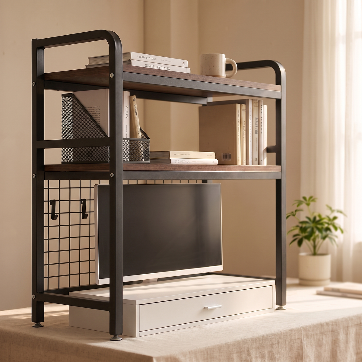 Desktop Shelf Unit Black 2 tiers 75 cm matched