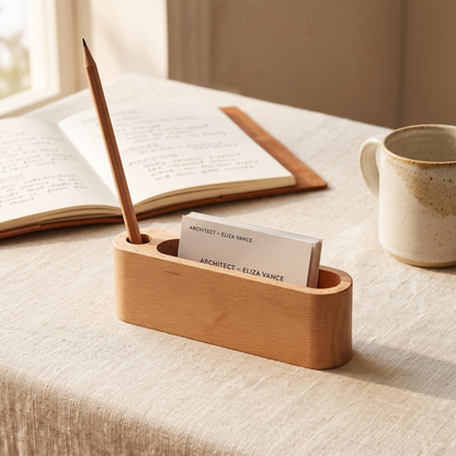 Wooden Card and Memo Holder Beech Single Slot with Pen Holder