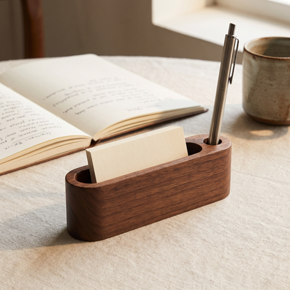 Wooden Card and Memo Holder Walnut Single Slot with Pen Holder