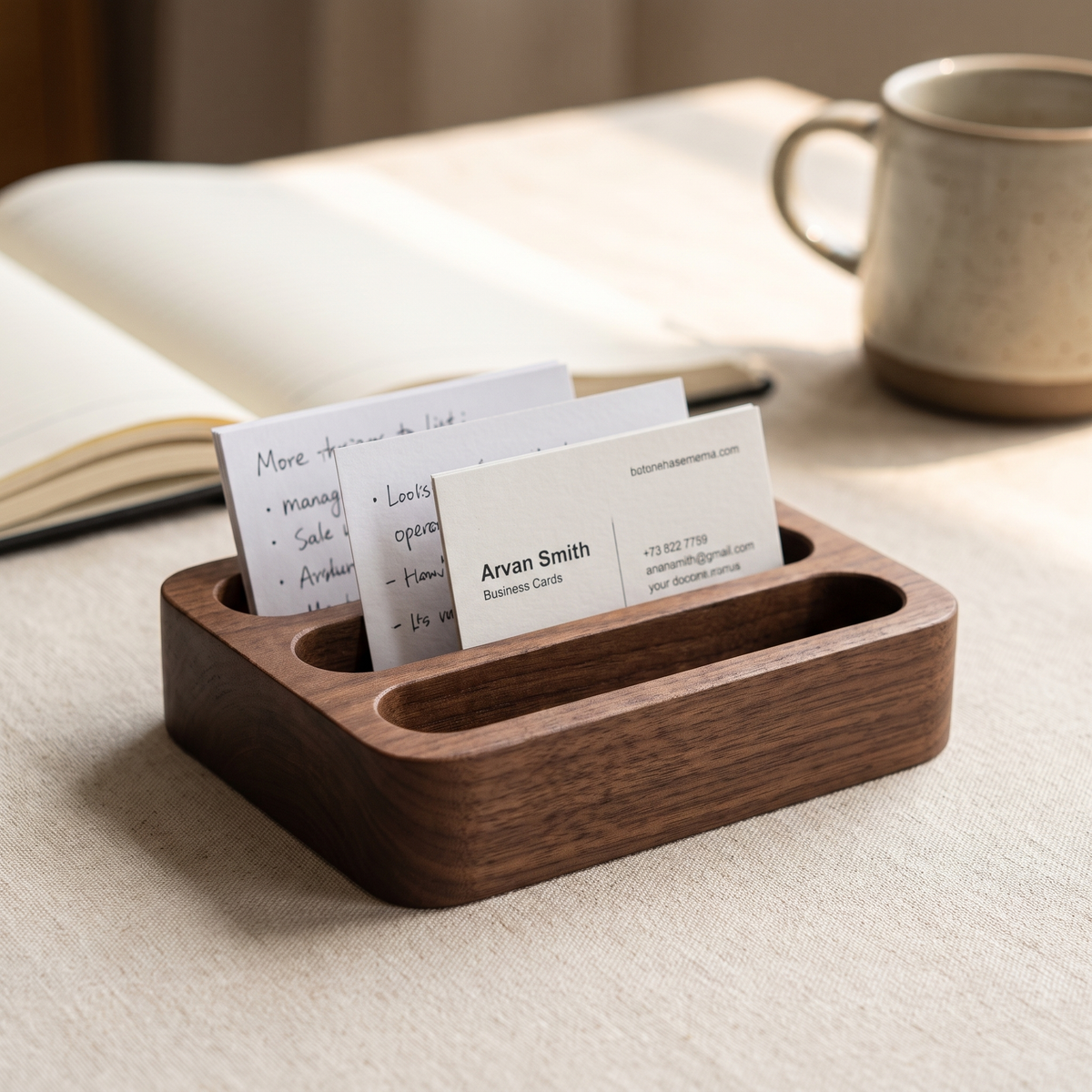 Wooden Card and Memo Holder Walnut Three Slots